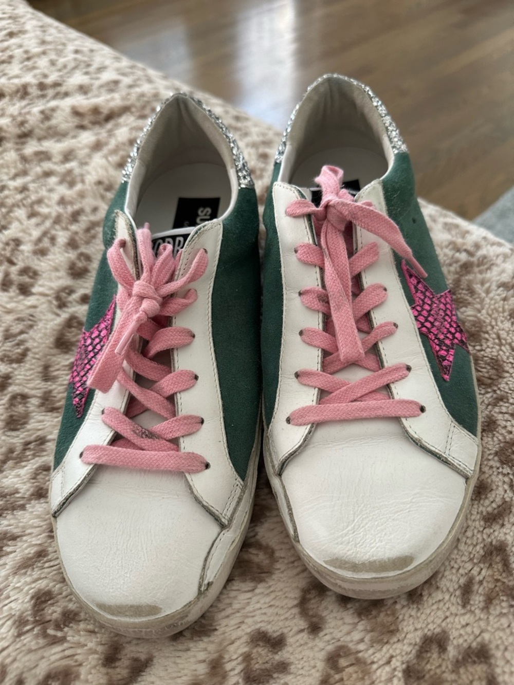 Golden Goose Green and Pink Superstar Sneakers